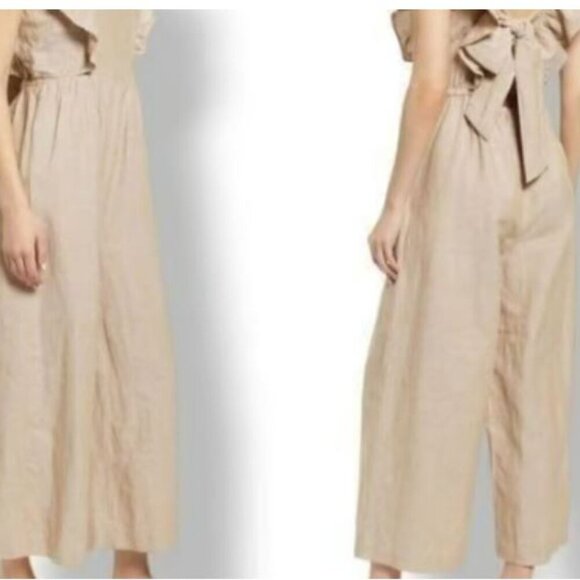 Madewell Jumpsuit Linen Blend Ruffle Open Tie Back Natural Beige Neutral Size 10 - Picture 2 of 11